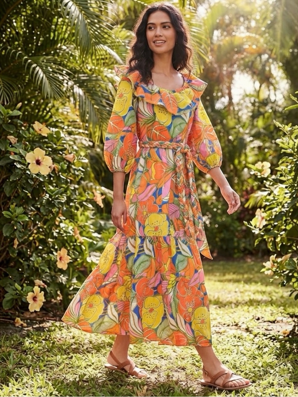 J.Crew Belted Tropical Floral Ruffle Midi Dress Size Small NWT